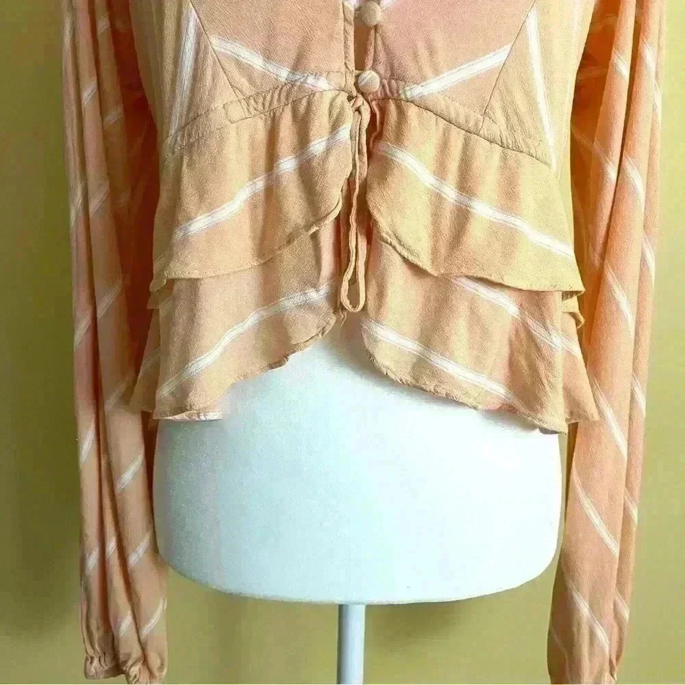 Free People Coral/White Stripe Scoop Neck Button Tiered Crop Peasant Top Size S - Picture 8 of 11